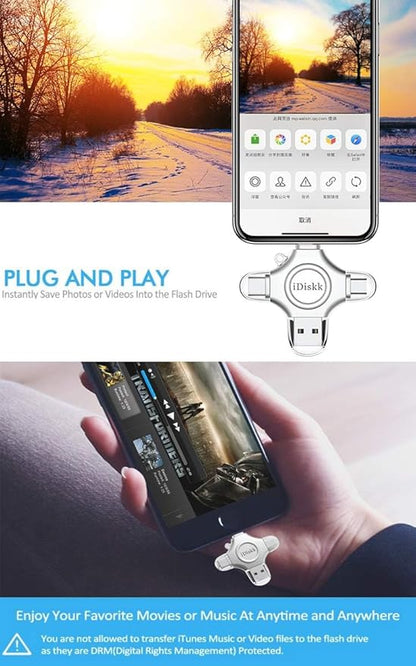 iDiskk App-le MFI Certified 512GB,Flash Drive for iPhone Photo Stick,for iPhone 17/16/15,Flash Drive for Photos and Videos,iPhone USB Storage,Photo Stick, for iPad Android Samsung (4 in 1)