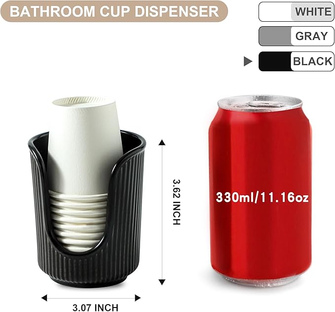 Ceramic Bathroom Cup Dispenser with Stylish Vertical Stripes - Disposable Mouthwash Cup Holder Holds 3-4oz Paper Cups for Rinsing Cups on Bathroom Vanity Countertops (Black-Black-2 Pack)