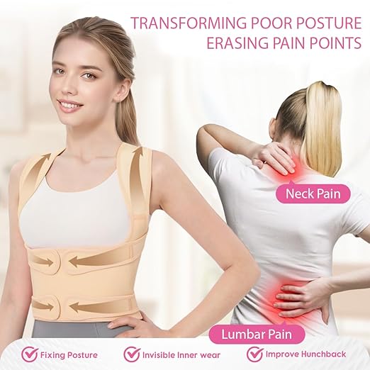 Posture Corrector for Women & Men, Adjustable Back Brace with Full Back & Shoulder Support, Spine Alignment for Upper Back Pain Relief, Scoliosis & Hunchback(Beige,Large)