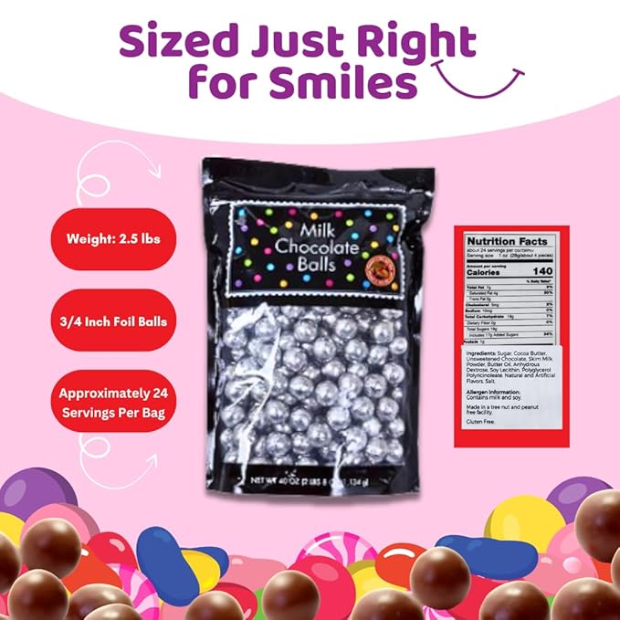 ALBERT'S Candy Milk Chocolate Foiled Balls, 40 oz Bag, Party and Wedding Candy, Peanut-Free & Tree Nut-Free (Full Size, Silver)