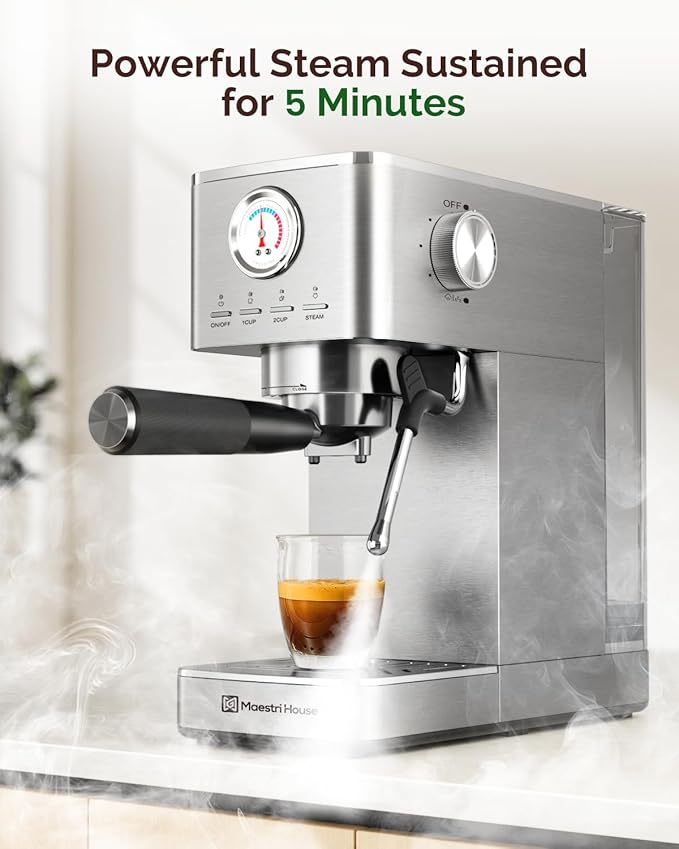 Maestri House Espresso Machines 20 Bar ULKA Pump, Compact Espresso Maker Built-in Flow Meter Steam Milk Frother, 43oz Removable Water Tank Stainless Steel Coffee Machine for Cappuccino (Sliver)