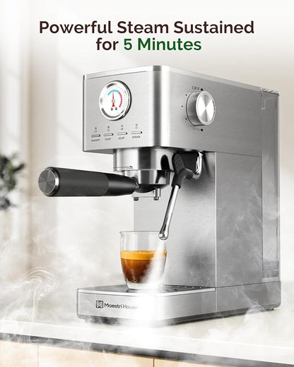 Maestri House Espresso Machines 20 Bar ULKA Pump, Compact Espresso Maker Built-in Flow Meter Steam Milk Frother, 43oz Removable Water Tank Stainless Steel Coffee Machine for Cappuccino (Sliver)