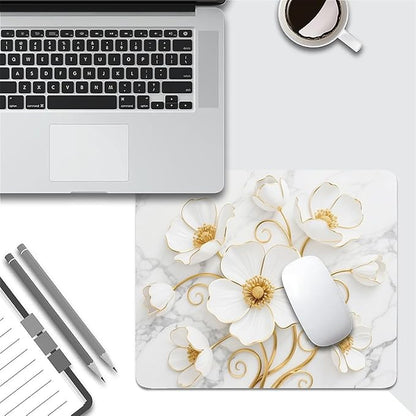 Square Mouse Pad White Marble Flowers, Personalized Premium-Textured Custom Mouse Mat Design, Washable Mousepad Cloth, Non-Slip Rubber Base Computer Mouse Pads for Wireless Mouse