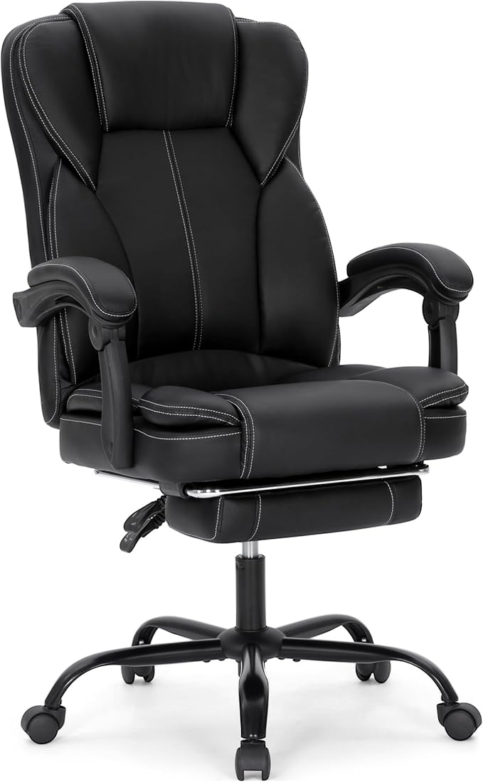 MAISON ARTS Ergonomic Office Chair, Big and Tall Executive Chair with Foot Rest, Computer Desk Chair with Padded Armrests, Rolling Swivel Faux Leather Chair for Home Office Man Woman, Black