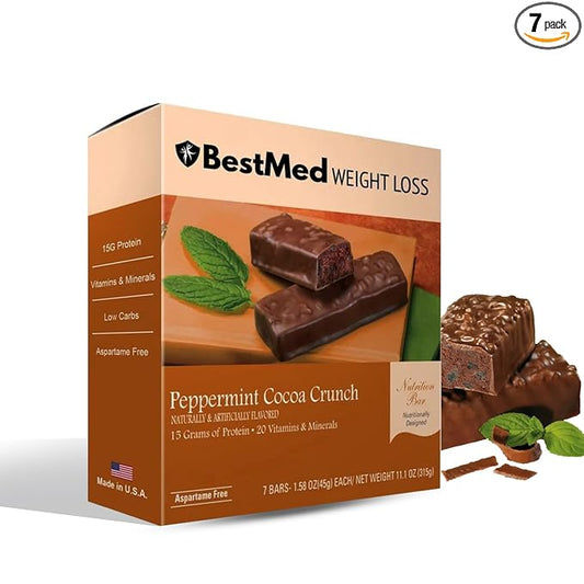 BestMed - High Protein Nutrition Bar - Low-Carb, 15g Protein, Low Sugar, High Fiber, Low Calorie, Meal Replacement Bar (Peppermint Cocoa, 1 Box - 7 Count)