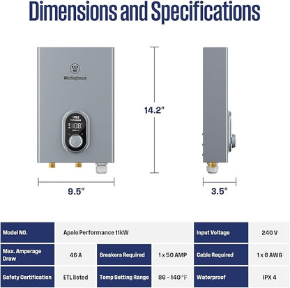 Westinghouse 11kW 240V Tankless Water Heater Electric, Up to 2.56 GPM, 1-3 Point of Use Hot Water, Compatible with Alexa & Google Home, ETL Certified, IPX4，Gray
