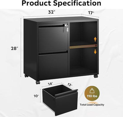 DEVAISE Metal Lateral File Cabinet with Lock, 2 Drawer Mobile Filing Cabinet with Shelf, Rolling Printer Stand fits Letter/A4 Size for Home Office, Black