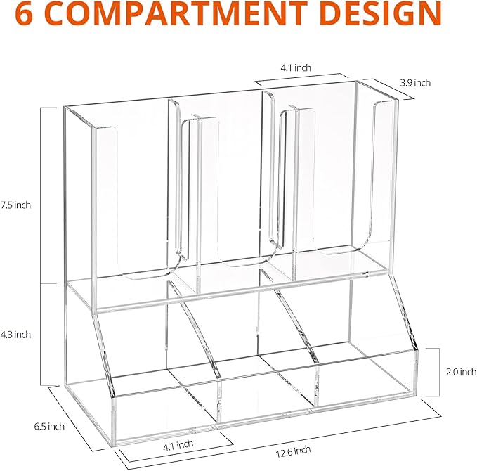 Richboom Cup and Lid Organizer, 6 Compartments with 2 Removable Dividers Coffee Station Countertop Cup Dispenser Condiment Organizer Accessories Caddy for Breakroom, Office, Home - Clear