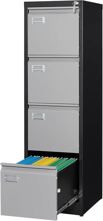 Metal Vertical File Storage Cabinet, 4 Drawer File Cabinet with Lock, 18" Deep Vertical Filing Cabinets for A4 Legal/Letter Size, Assembly Required (4 Drawer - Gray Black)