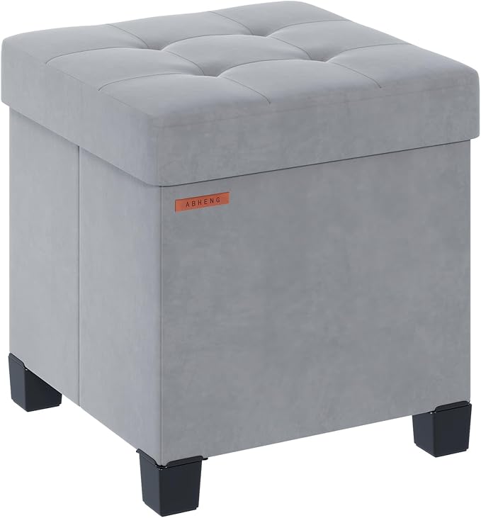 Cube Storage Ottoman, Velvet Foot Stool with Feet, Folding Bench, End of Bed Bench, Storage Chest, for Living Room, Bedroom and Office, 15 x 15 x 15.7 Inches, Dove Gray, ASND22G