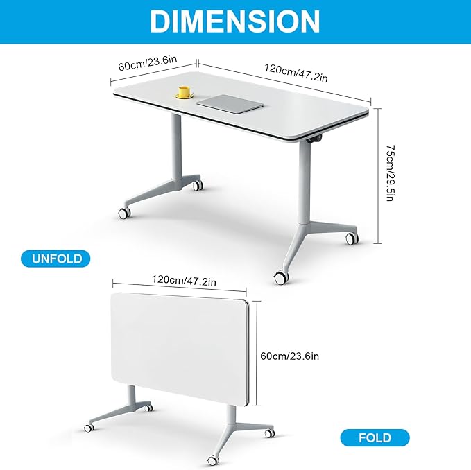 Folding Conference Table, Conference Room Tables Foldable Large Meeting Seminar Table on Wheels,Flip Top Boardroom Training Tables for Office, Classroom,Meeting (10, White, 47.2in)