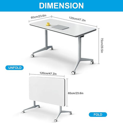 Folding Conference Table, Conference Room Tables Foldable Large Meeting Seminar Table on Wheels,Flip Top Boardroom Training Tables for Office, Classroom,Meeting (10, White, 47.2in)