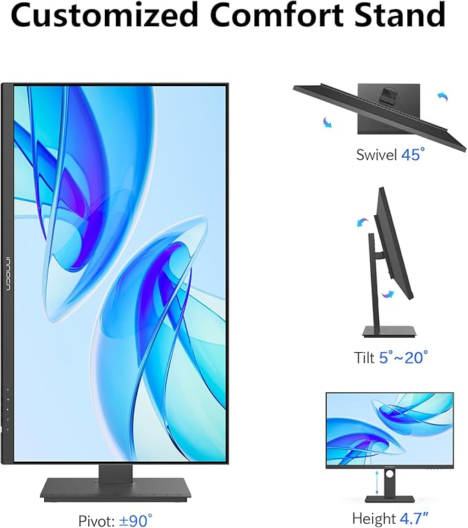 INNOCN 27 Inch 4K Monitor for MacBook Air/Pro, Mac mini PC, 3840 x 2160 LCD IPS Display, HDR400, USB C 65W, DP, HDMI, PC Monitor, 1.07B+ Colors, Built-in Speakers, Pivot Adjustable Stand, Black