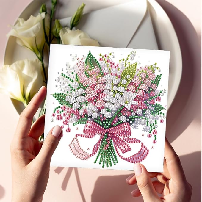 6pcs Diamond Art Painting Postcards with Envelope, Bouquet Pattern Daily DIY Handmade Greeting Cards Wishing Cards for Special Occasion Festival Craft Gift