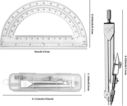 Students Geometry Math Set, Drawing Compass and 6 Inch Transparent Swing arm Protractor 180 Degree Math Protractor (Transparent)
