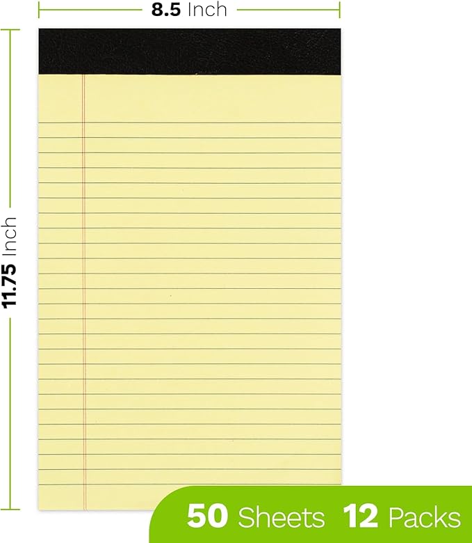 Goefun 12 PCS Yellow Legal Pads 8.5 x 11-50 Sheets per Notepad, Wide Ruled Yellow Lined Notepads 8.5x11, Perforated Letter Size Writing Pads for Work, Business, Home