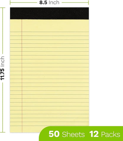 Goefun 12 PCS Yellow Legal Pads 8.5 x 11-50 Sheets per Notepad, Wide Ruled Yellow Lined Notepads 8.5x11, Perforated Letter Size Writing Pads for Work, Business, Home