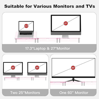RQUOIRE Ergonomic Pink Acrylic Dual Monitor Stand with Adjustable Laptop Riser, Compatible with Desktop, Printer, TV and More Devices,monitor riser holder suitable for 2 monitors