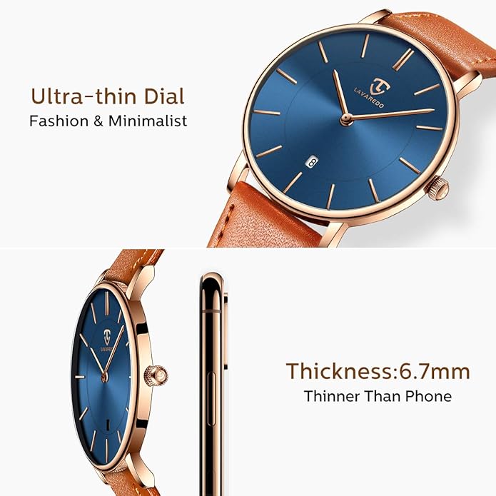 L LAVAREDO Watch for Men, Extremely Thin Mens Watches Minimalist Analog Men's Leather Wrist Watches with Time/Date, Birthday Gift for Men Boyfriend