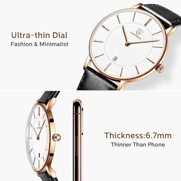 L LAVAREDO Watch for Men, Extremely Thin Mens Watches Minimalist Analog Men's Leather Wrist Watches with Time/Date, Birthday Gift for Men Boyfriend