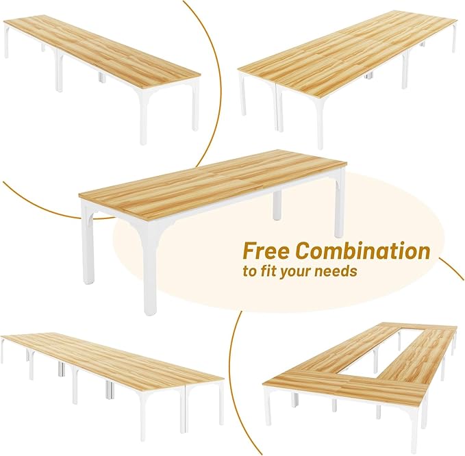 Conference Table, Super Sturdy Large Rectangle Meeting Seminar Table, Long Business Tables, Light Walnut, 8Pcs