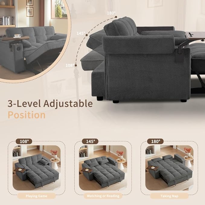 65'' Convertible Sleeper Sofa Bed with Adjustable Backrest, Chaise Lounge, Side Table & USB/Type-C Ports – Stylish & Functional Addition to Any Living Room (Dark Grey Sofa Bed)