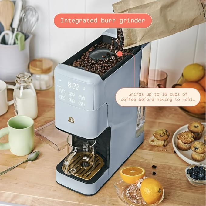 Beautiful Single Serve Coffee Maker with Built-In Burr Grinder, Hot or Iced, Pod-Free, 6 Brew Sizes, 3 Strengths, Touch Display, Reusable Filter, 64oz Reservoir, Slim Design (Cornflower Blue)