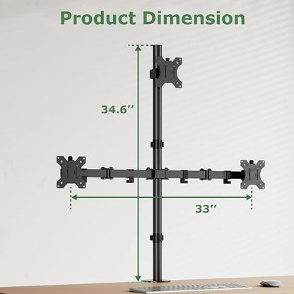 3 Monitor Desk Mount for 17 to 32 inch Screens, Fully Adjustable Triple Monitor Stand with Tilt,Swivel,Rotate, Each Arm Holds up 17.6 lbs,VESA Mount 75x75/100x100mm, Clamp & Grommet Kit