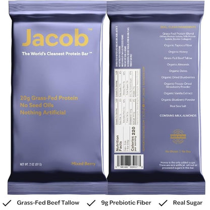 Jacob Bar, Protein Bars, Mixed Berry (9 Bars Total) - 20g Grass-Fed Protein, No Seed Oils, Nothing Artificial