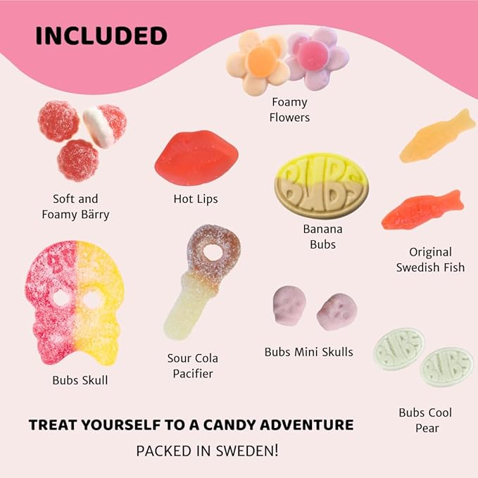 Swedish Candy sweet and sour pick n mix 1 lb including BUBS, Skulls, Swedish Fish and Sour Gummies, great for Chrismas Candy