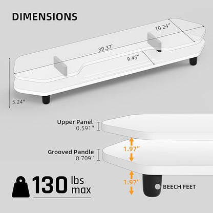 2 Tier Dual Monitor Stand Riser,Wider Board Computer Monitor Stand for 2 Monitors,Slot For Phone/Tablet Office Desktop Organizer for Laptop,PC,Computer,Printer,White