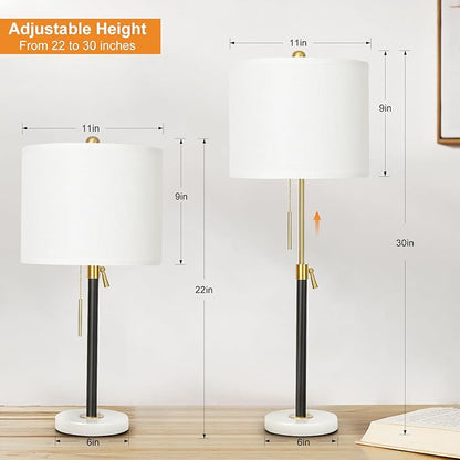 Black and Gold Table Lamps Set of 2: 22" to 30" Height Adjustable Nightstand Lamps with White Linen Shade | Pull Chain Switch | Marble Base - 3 Way Dimmable Beside Lamp for Bedrooms Living Room