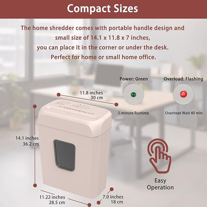 Bonsaii 6-Sheet Cross-Cut Pink Shredder, P-4 High Security Level, Compact Design for Home and Office, Shreds Paper, Credit Cards, Staples, Clips, 3-Minute Continuous Shredding, 3.4-Gal Bin