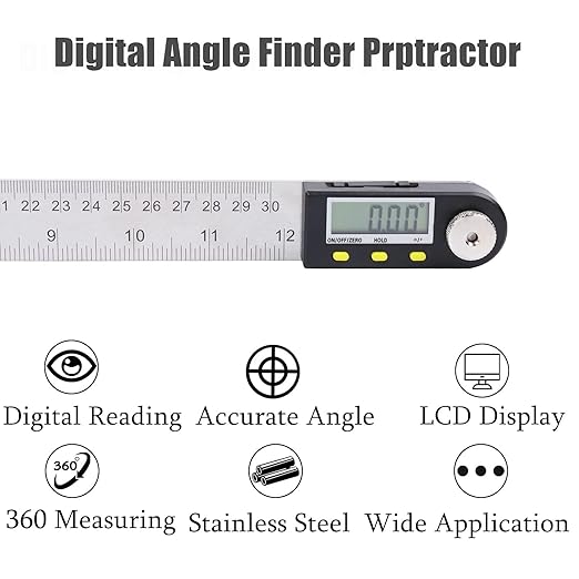 Delgada 12 inch/300mm Digital Angle Finder Tool Stainless Steel Digita Protractor Angle Ruler Finder Tool for Woodworking with Zeroing and Locking Function Battery
