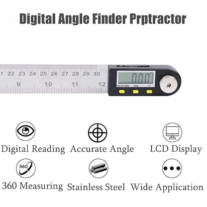 Delgada 12 inch/300mm Digital Angle Finder Tool Stainless Steel Digita Protractor Angle Ruler Finder Tool for Woodworking with Zeroing and Locking Function Battery
