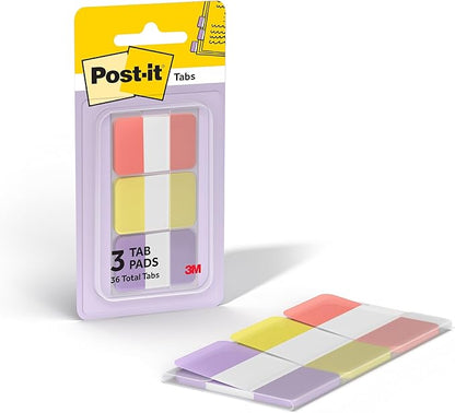 Post-it Sticky Tabs, 1 in. x 1.5 in., 3 Pads of Book Tabs in Assorted Warm Pastel Colors for Bookmarking, Annotating, Reading, and Reminders, Orange, Yellow, and Purple Colors (36 Total Count)