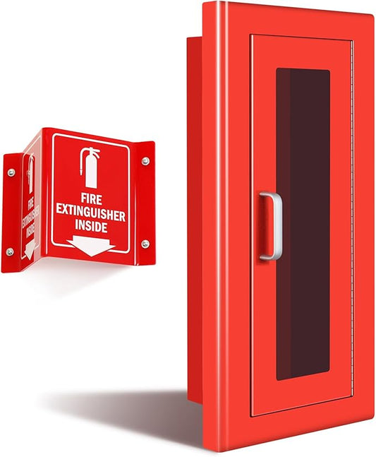 Fire Extinguisher Recessed Wall Cabinet, Galvanization Steel Fire Extinguisher Box with Magnetic Door, Suitable for 10 Lb Fire Extinguishers, Equipped Acrylic High-Position Sign (Red)