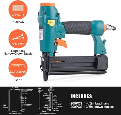 Pneumatic Brad Nailer - 18 Gauge 2-in-1 Nailer, 5/8'' to 2'' Brad Nails and 5/8'' to 1-5/8'' Crown Staples, Safety Glasses and 1000pcs Nails, for Carpentry, DIY, Woodworking