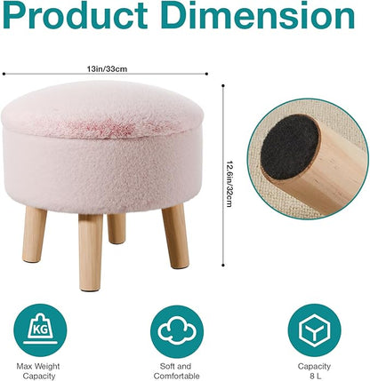 Poofzy Small Ottoman with Storage, Small Foot Stool Ottoman with Wood Legs, Faux Fur Foot Rest for Couch, Living Room and Bedroom - Pink