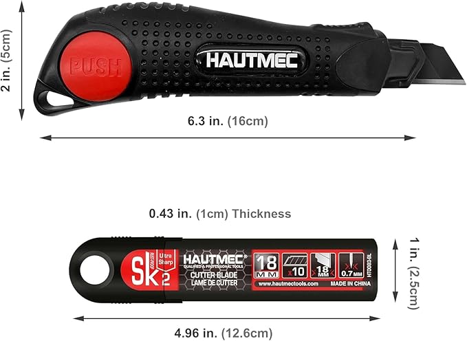 HAUTMEC Pro 18mm Black Auto-Lock Utility Knife Set Including 10pcs Ultra Sharp Black Snap-off Blades in Case, HT0094-KN