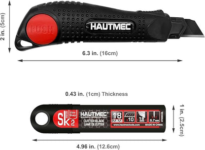 HAUTMEC Pro 18mm Black Auto-Lock Utility Knife Set Including 10pcs Ultra Sharp Black Snap-off Blades in Case, HT0094-KN