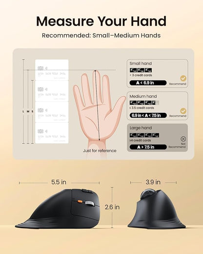 ProtoArc Vertical Wireless Trackball Mouse, EM05 NL Bluetooth Ergonomic Rollerball Mouse Rechargeable Computer Laptop Thumb Mice, 3 Device Connection, Compatible with iPad, Mac, Windows, PC-Gray