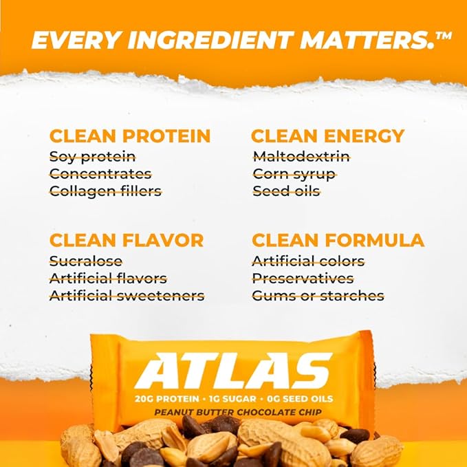 Atlas Bar – 20g Protein, 1g Sugar, 0g Seed Oils, 0g Artificial Sweeteners (Peanut Butter Chocolate Chip, 24 Count)