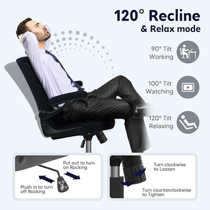Office Chair with Wheels, Ergonomic Home Office Computer Chair with Flip-up Armrest, Adjustable Rolling Desk Chair Teddy Fleece – Dark Blue