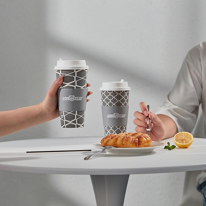 JOLLY PARTY [100 Sets] 20 oz Paper Coffee Cups, Disposable Coffee Cups with Lids,Sleeves and Straws, Hot Cold Beverage Drinking Cup for Water, Coffee or Tea, To-Go Cup Suitable for Office and Travel