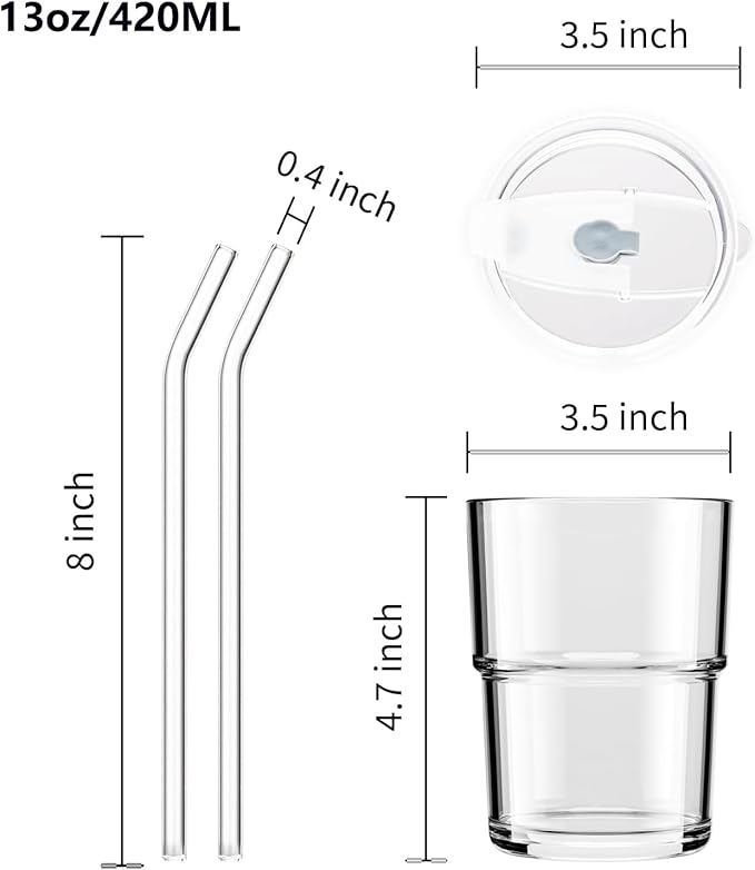13oz Glass Tumbler with Straw and Lid Sealed, Carry On Reusable Iced Coffee Cups,Thick Wall Glass Coffee Drinking Glassware Cups