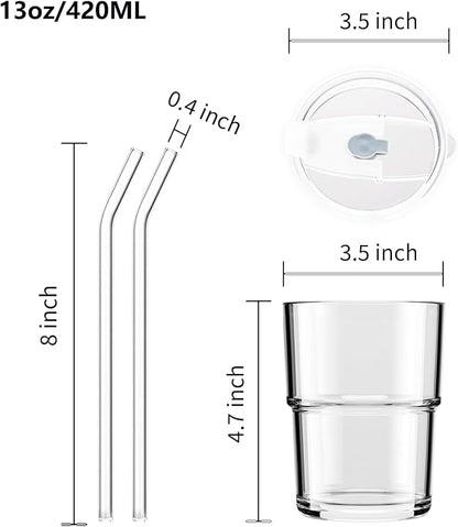 13oz Glass Tumbler with Straw and Lid Sealed, Carry On Reusable Iced Coffee Cups,Thick Wall Glass Coffee Drinking Glassware Cups