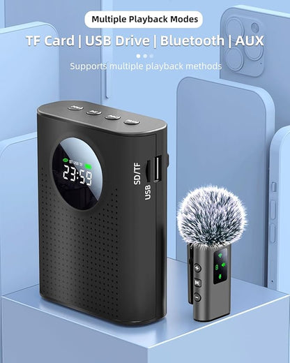 Rechargeable Voice Amplifier Wireless Microphone Dual for Teachers Classroom, Mini Lavalier Lapel Mic Clip Magnetic, Bluetooth Speaker with LED Display for Class, Tour Guide, Coaches, Black
