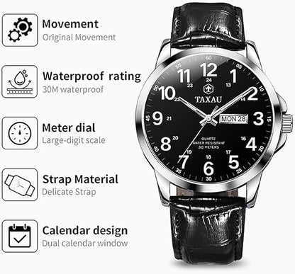 Watches for Men Leather Large Arabic Numerals Mens Watches Waterproof Band with Date Quartz Men's Wrist Watch