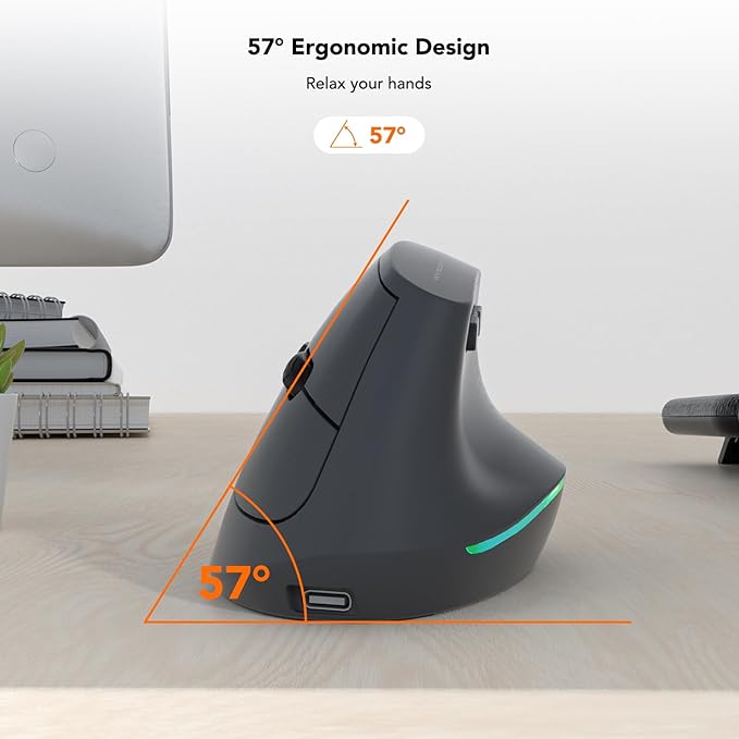 Wireless Ergonomic Mouse, Vertical Mouse, Bluetooth Ergo Mouse, Quiet Click, 5 Level Adjustable DPI(800/1200/2400/2400/4000), Rechargeable 2.4G Mice with 6 Buttons for Computer, PC, Mac, Laptop, Black